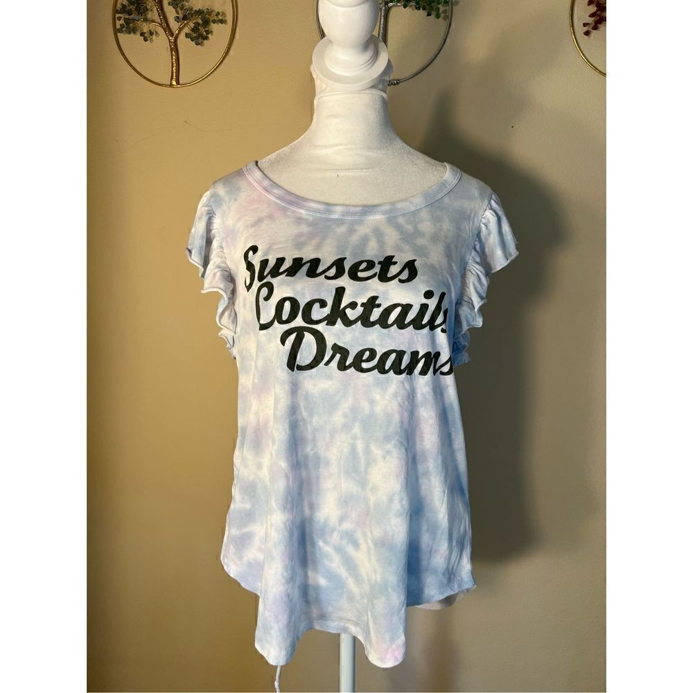 NWT! Chaser Blue White Pink Tie Dye Sunsets Cocktails Dream Flutter Sleeve Tee M